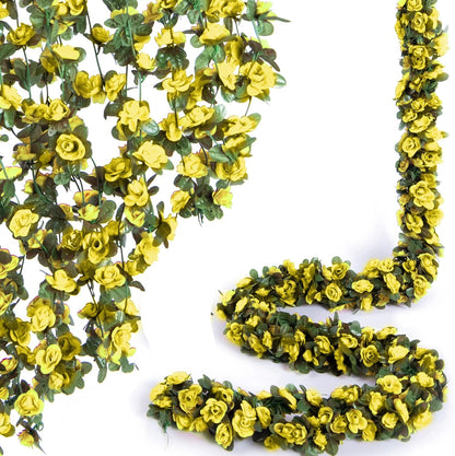 Artificial Flower Garland 8pcs 8.2ft Rose Vine Decor, Yellow Flower | Fake Rose Vine Flowers, Hanging Faux Roses String for Wedding Birthday Party Room Mantle Arch Wall Decoration