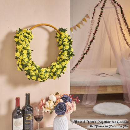 Artificial Flower Garland 8pcs 8.2ft Rose Vine Decor, Yellow Flower | Fake Rose Vine Flowers, Hanging Faux Roses String for Wedding Birthday Party Room Mantle Arch Wall Decoration