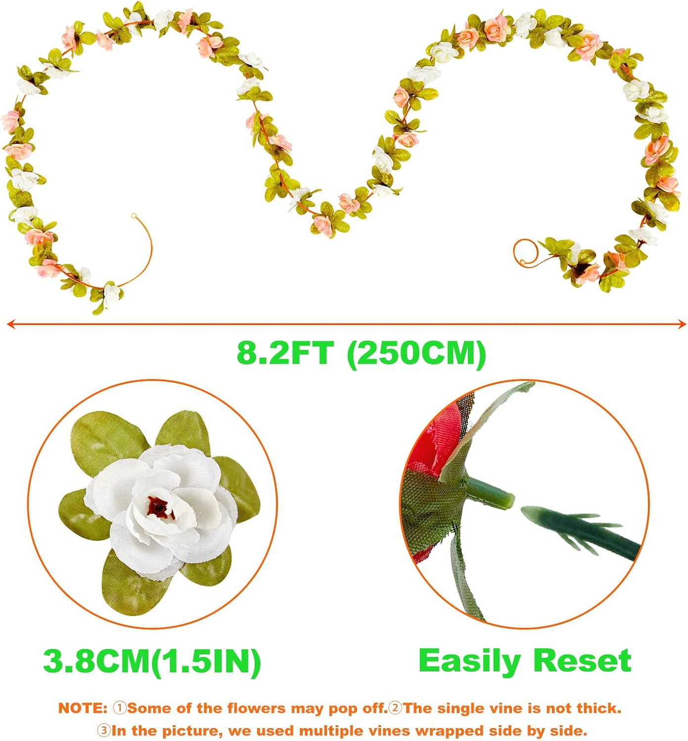 Artificial Flower Garland 8pcs 8.2ft Rose Vine Decor, Yellow Flower | Fake Rose Vine Flowers, Hanging Faux Roses String for Wedding Birthday Party Room Mantle Arch Wall Decoration