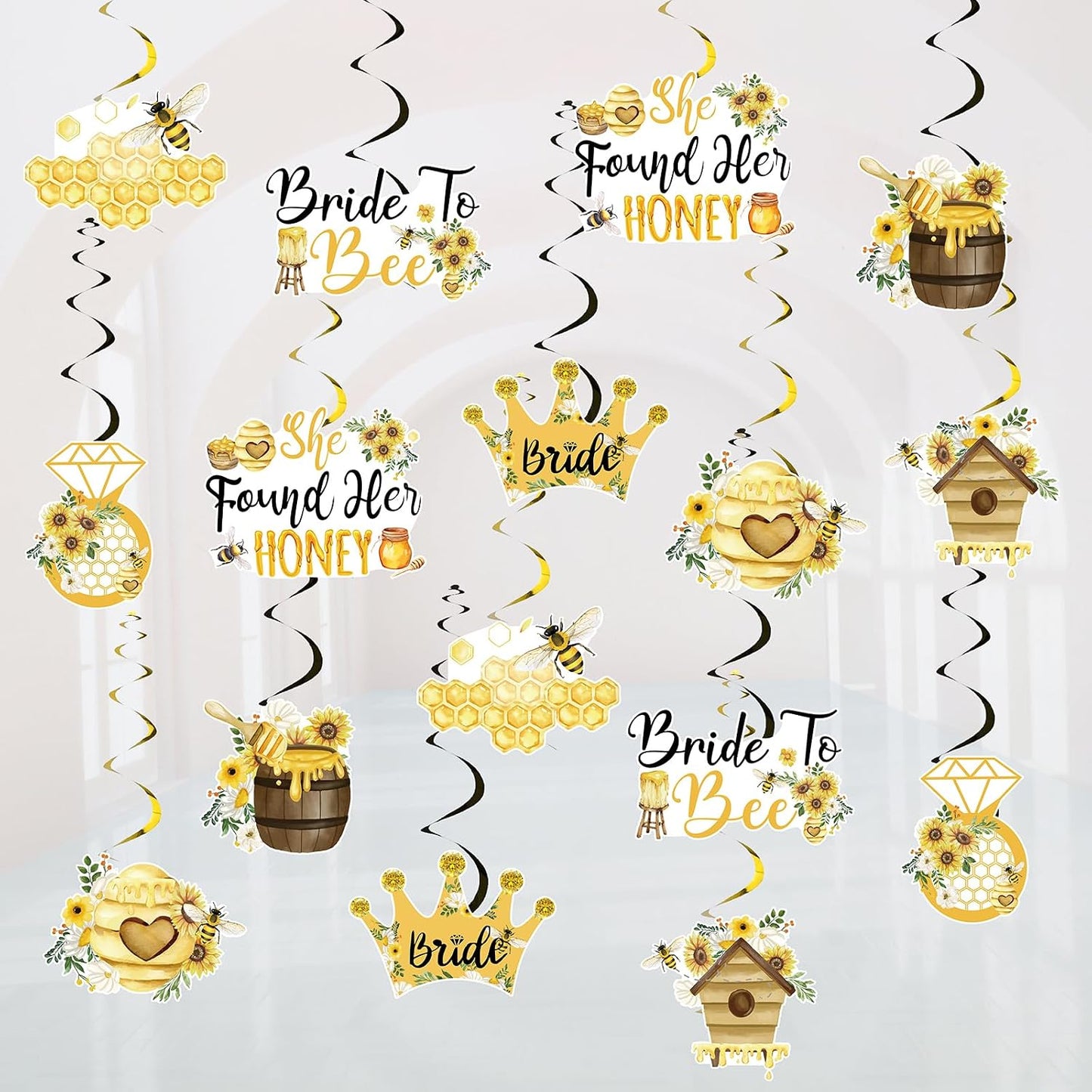 Bee Bridal Shower Decoration, 24pcs She Found Her Honey Decoration Hanging Swirl Double-Sided Yellow for Bride to Bee Bachelorette Engagement Wedding Party