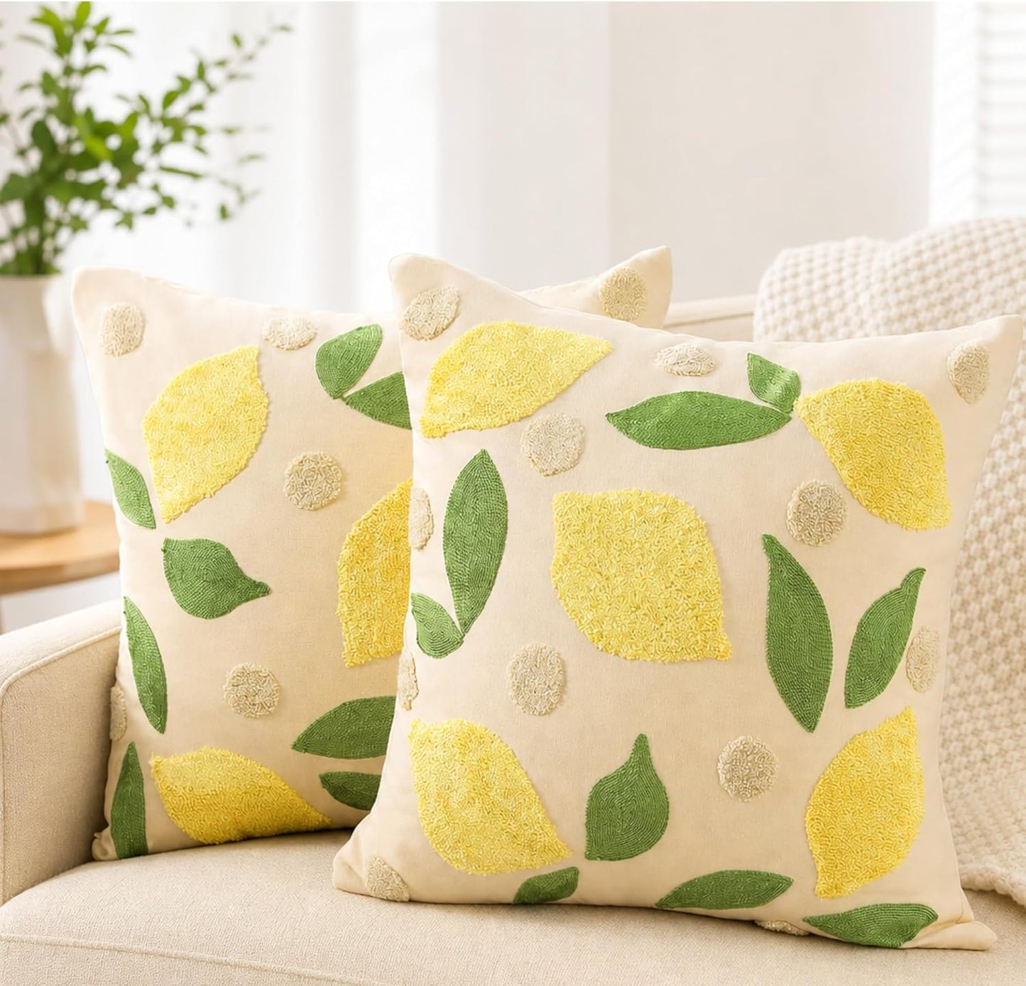 2 Pcs Lemon Embroidered Pillow Covers 18 x 18 Inch Summer Fruit Jacquard Decorative Pillow Covers, Leaf and Lemon Farmhouse Soft Plush Pillowcase for Sofa Bed