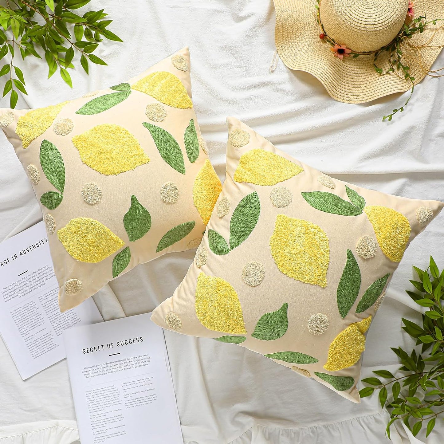 2 Pcs Lemon Embroidered Pillow Covers 18 x 18 Inch Summer Fruit Jacquard Decorative Pillow Covers, Leaf and Lemon Farmhouse Soft Plush Pillowcase for Sofa Bed