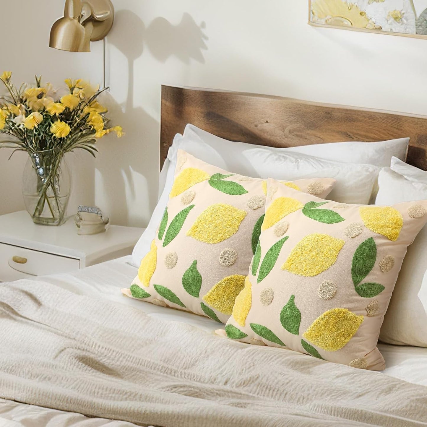 2 Pcs Lemon Embroidered Pillow Covers 18 x 18 Inch Summer Fruit Jacquard Decorative Pillow Covers, Leaf and Lemon Farmhouse Soft Plush Pillowcase for Sofa Bed