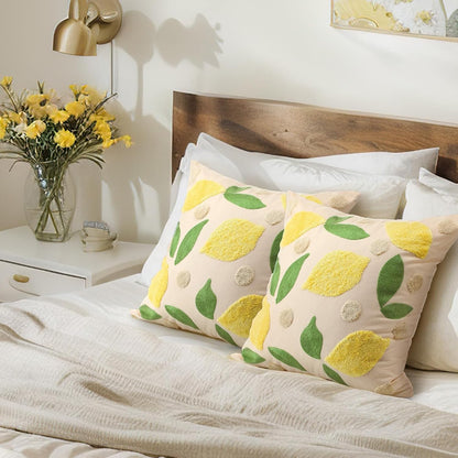 2 Pcs Lemon Embroidered Pillow Covers 18 x 18 Inch Summer Fruit Jacquard Decorative Pillow Covers, Leaf and Lemon Farmhouse Soft Plush Pillowcase for Sofa Bed