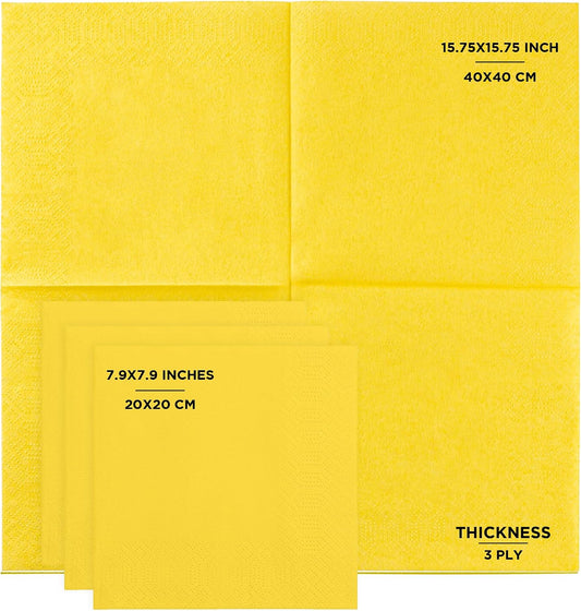Yellow Dinner Napkins, 3-Ply, 125 Count - Premium Disposable Paper Napkins for Parties, Weddings, Restaurants, Bars, Birthdays & Events, European Made