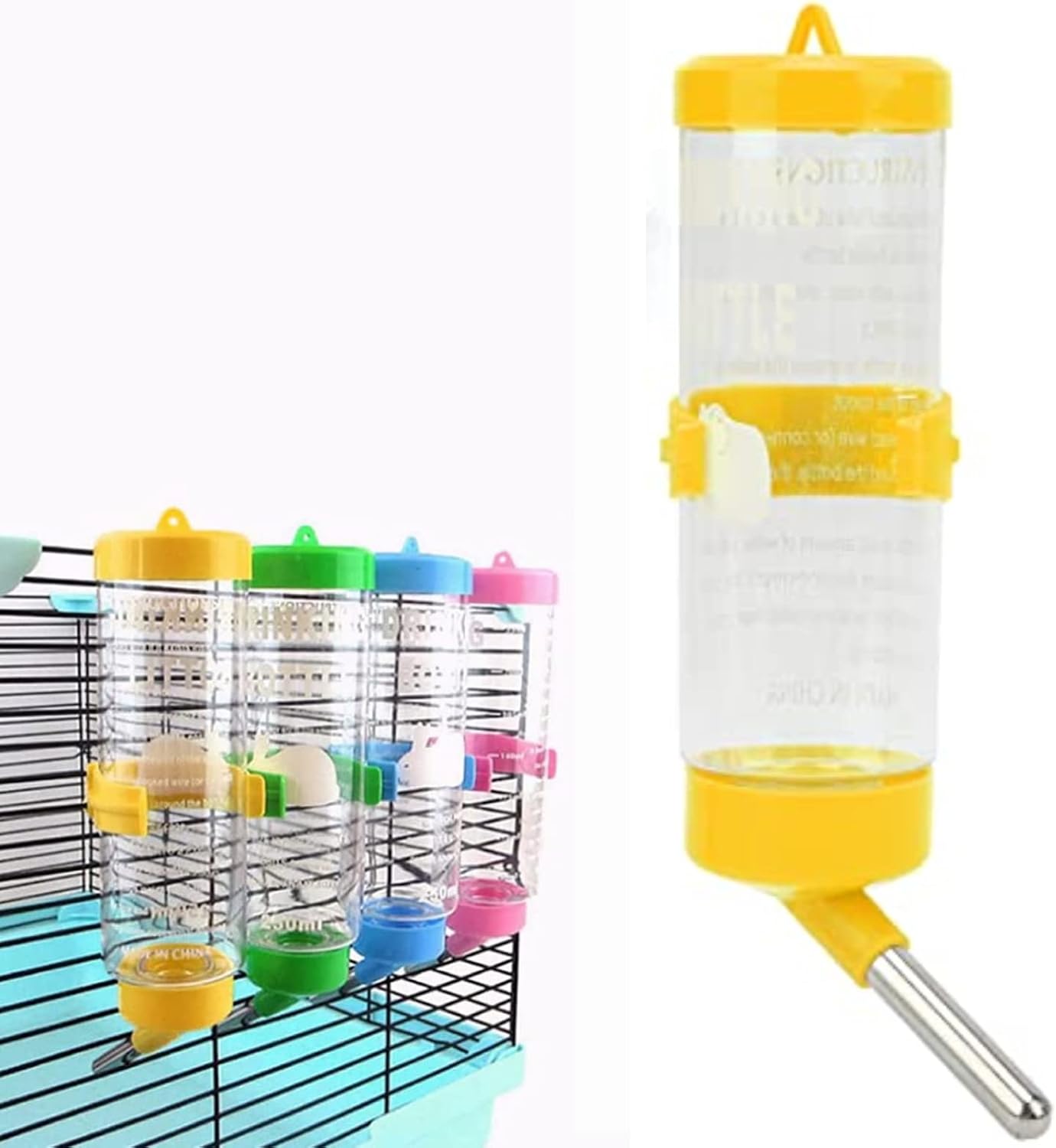 Hamster Water Bottle, Leak Automatic Drinking Feeder for Wire Cage Small Pets PP Stainless Steel Yellow 250ML 1 Pack