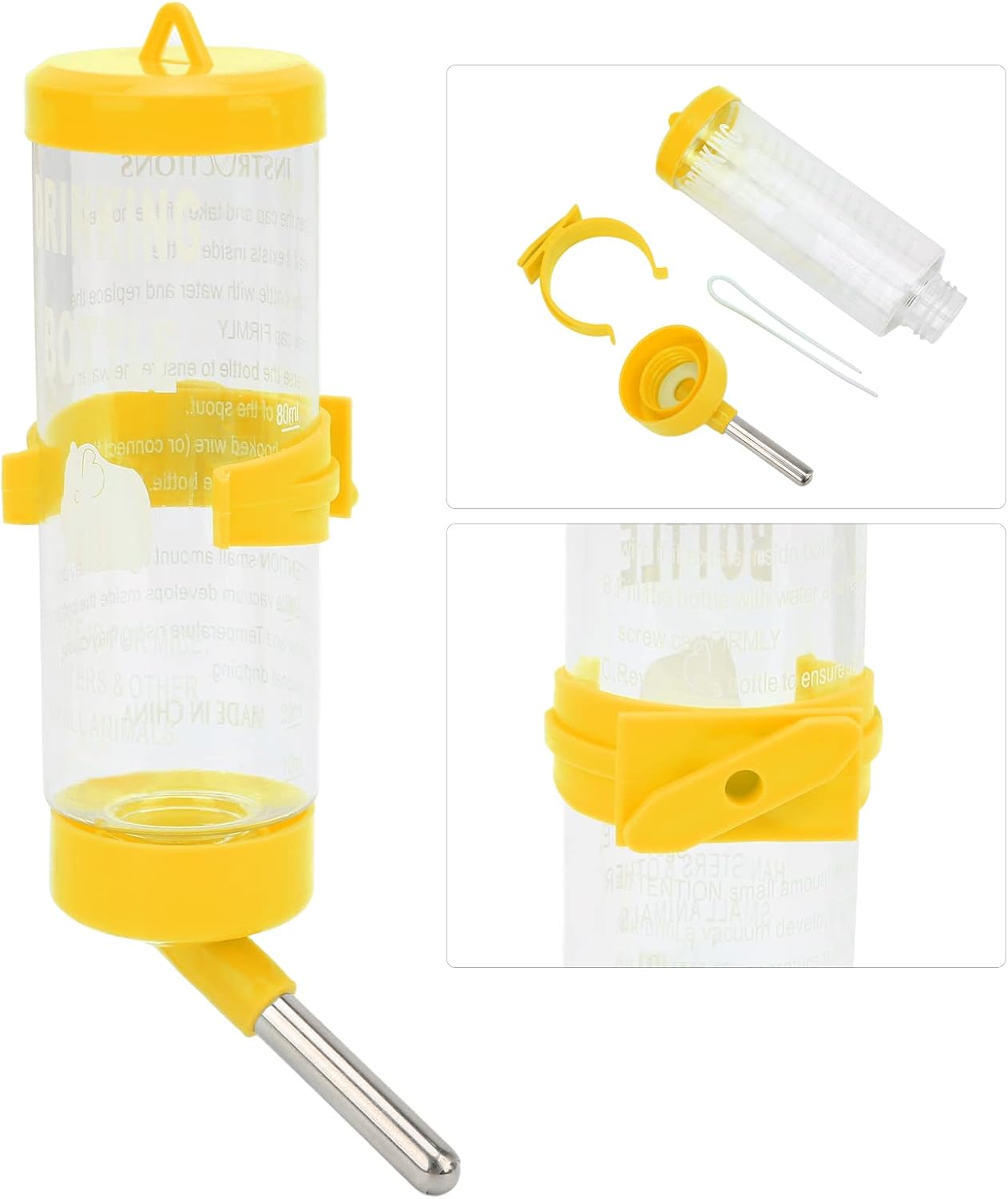 Hamster Water Bottle, Leak Automatic Drinking Feeder for Wire Cage Small Pets PP Stainless Steel Yellow 250ML 1 Pack