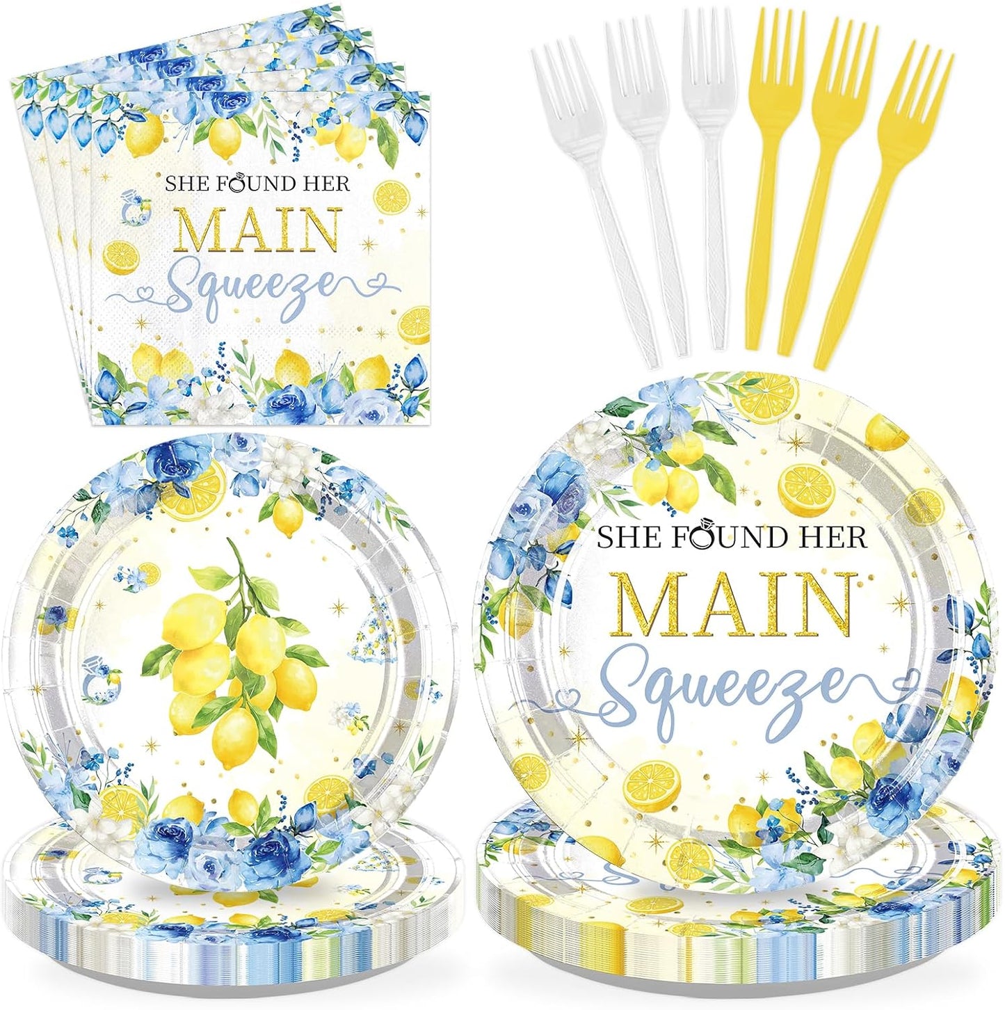 96Pcs Blue Floral Lemon Bridal Shower Party Decorations, Serves 24 | She Found Her Main Squeeze Plates and Napkins Capri Lemon Floral Tableware Set for Summer Women Wedding Birthday Party