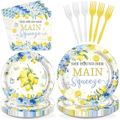 96Pcs Blue Floral Lemon Bridal Shower Party Decorations, Serves 24 | She Found Her Main Squeeze Plates and Napkins Capri Lemon Floral Tableware Set for Summer Women Wedding Birthday Party