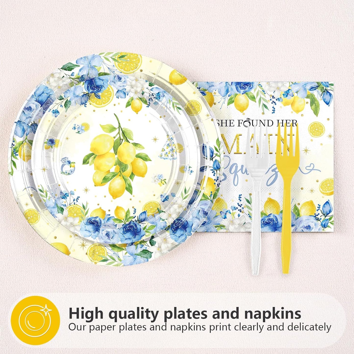 96Pcs Blue Floral Lemon Bridal Shower Party Decorations, Serves 24 | She Found Her Main Squeeze Plates and Napkins Capri Lemon Floral Tableware Set for Summer Women Wedding Birthday Party