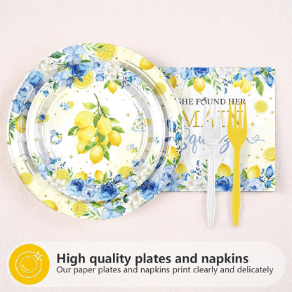 96Pcs Blue Floral Lemon Bridal Shower Party Decorations, Serves 24 | She Found Her Main Squeeze Plates and Napkins Capri Lemon Floral Tableware Set for Summer Women Wedding Birthday Party