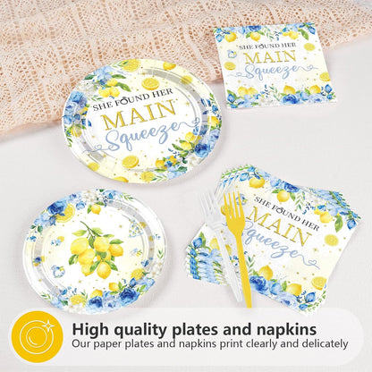 96Pcs Blue Floral Lemon Bridal Shower Party Decorations, Serves 24 | She Found Her Main Squeeze Plates and Napkins Capri Lemon Floral Tableware Set for Summer Women Wedding Birthday Party