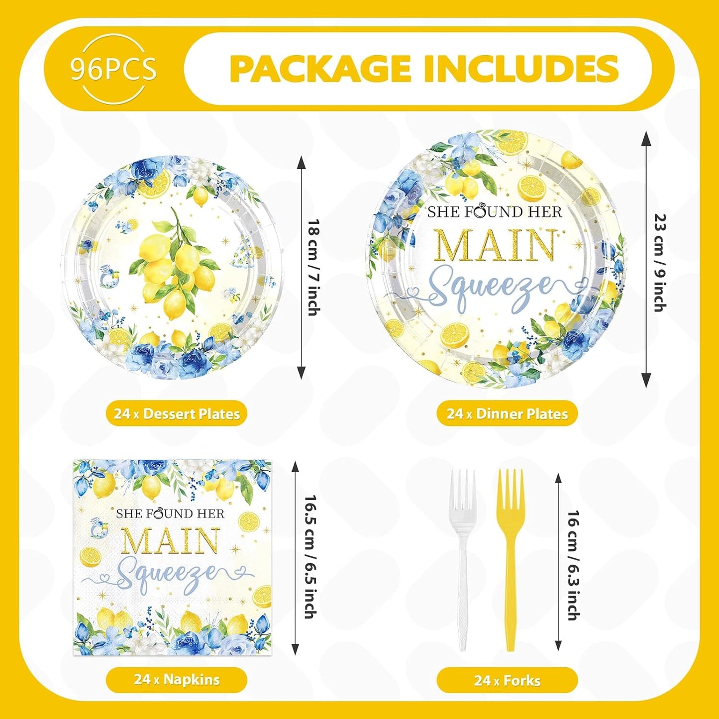 96Pcs Blue Floral Lemon Bridal Shower Party Decorations, Serves 24 | She Found Her Main Squeeze Plates and Napkins Capri Lemon Floral Tableware Set for Summer Women Wedding Birthday Party