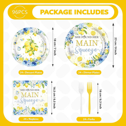 96Pcs Blue Floral Lemon Bridal Shower Party Decorations, Serves 24 | She Found Her Main Squeeze Plates and Napkins Capri Lemon Floral Tableware Set for Summer Women Wedding Birthday Party