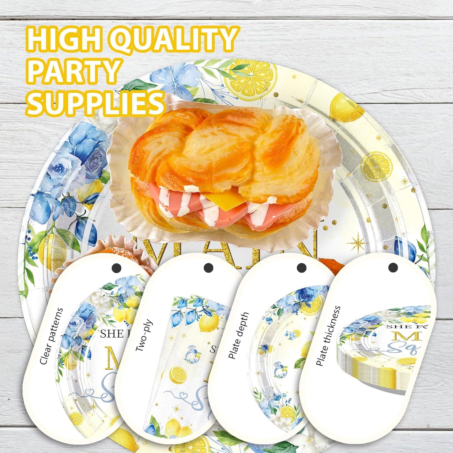 96Pcs Blue Floral Lemon Bridal Shower Party Decorations, Serves 24 | She Found Her Main Squeeze Plates and Napkins Capri Lemon Floral Tableware Set for Summer Women Wedding Birthday Party