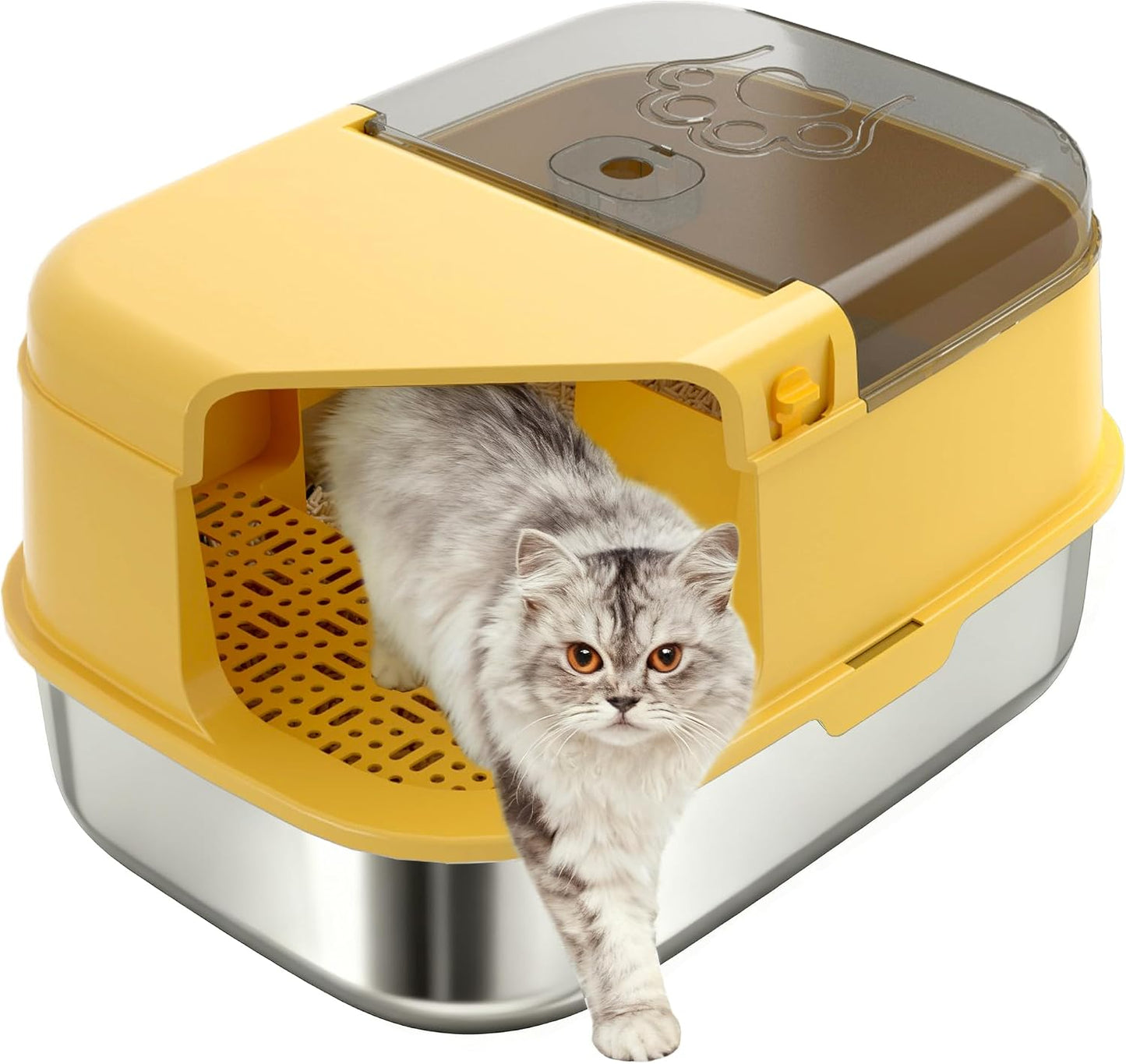 3-in-1 Convertible Cat Litter Box, ABS + Stainless Steel Pan, Enclosed Low Entry High Sided Box with Litter Trapping Grid, 23.1x16.93x14.1 Inch, for Senior Kittens & Large Cats（Yellow）