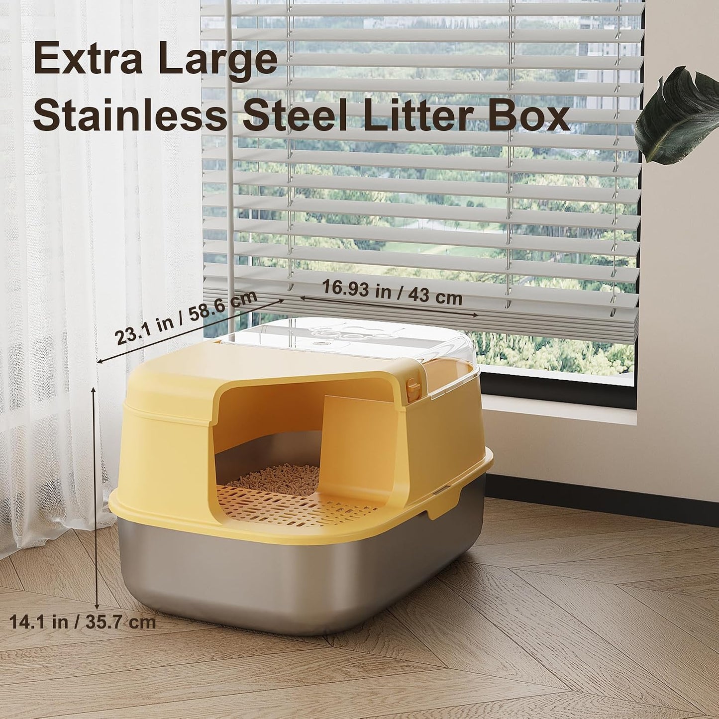 3-in-1 Convertible Cat Litter Box, ABS + Stainless Steel Pan, Enclosed Low Entry High Sided Box with Litter Trapping Grid, 23.1x16.93x14.1 Inch, for Senior Kittens & Large Cats（Yellow）