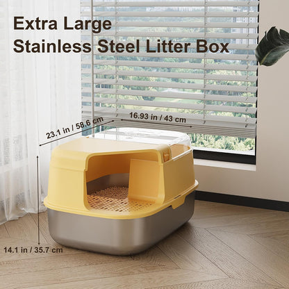 3-in-1 Convertible Cat Litter Box, ABS + Stainless Steel Pan, Enclosed Low Entry High Sided Box with Litter Trapping Grid, 23.1x16.93x14.1 Inch, for Senior Kittens & Large Cats（Yellow）