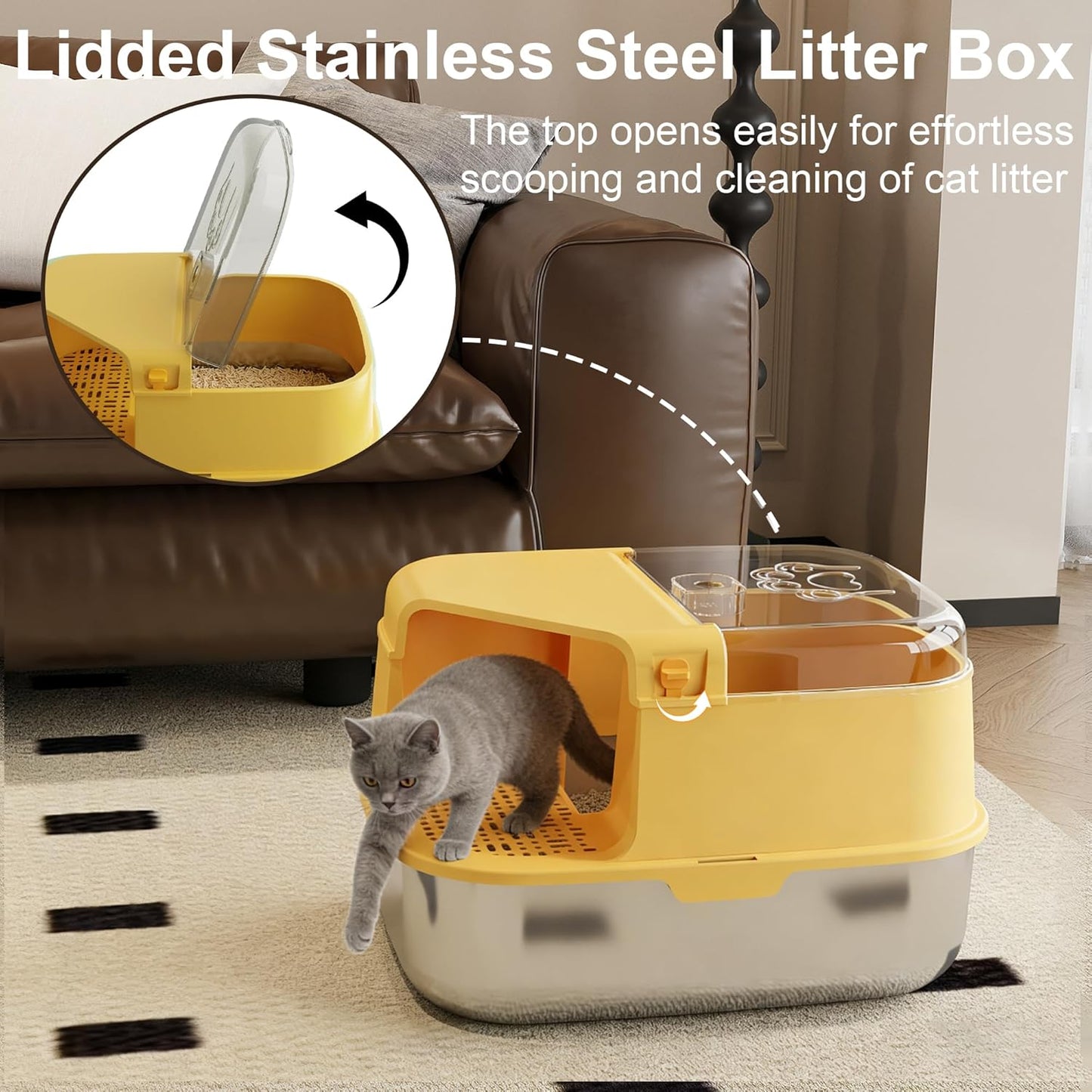 3-in-1 Convertible Cat Litter Box, ABS + Stainless Steel Pan, Enclosed Low Entry High Sided Box with Litter Trapping Grid, 23.1x16.93x14.1 Inch, for Senior Kittens & Large Cats（Yellow）