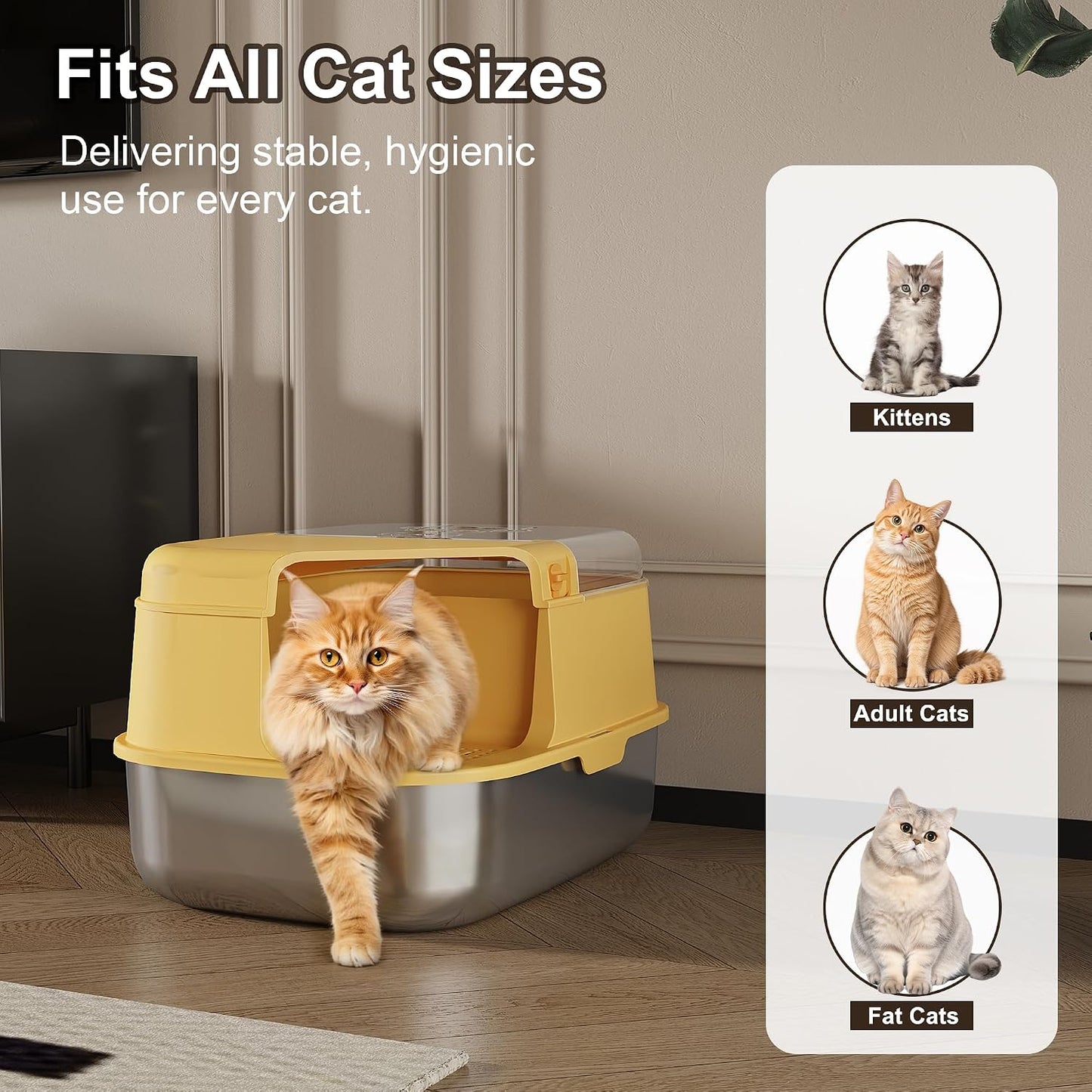 3-in-1 Convertible Cat Litter Box, ABS + Stainless Steel Pan, Enclosed Low Entry High Sided Box with Litter Trapping Grid, 23.1x16.93x14.1 Inch, for Senior Kittens & Large Cats（Yellow）
