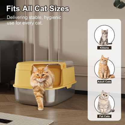 3-in-1 Convertible Cat Litter Box, ABS + Stainless Steel Pan, Enclosed Low Entry High Sided Box with Litter Trapping Grid, 23.1x16.93x14.1 Inch, for Senior Kittens & Large Cats（Yellow）