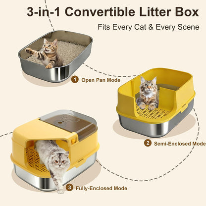 3-in-1 Convertible Cat Litter Box, ABS + Stainless Steel Pan, Enclosed Low Entry High Sided Box with Litter Trapping Grid, 23.1x16.93x14.1 Inch, for Senior Kittens & Large Cats（Yellow）