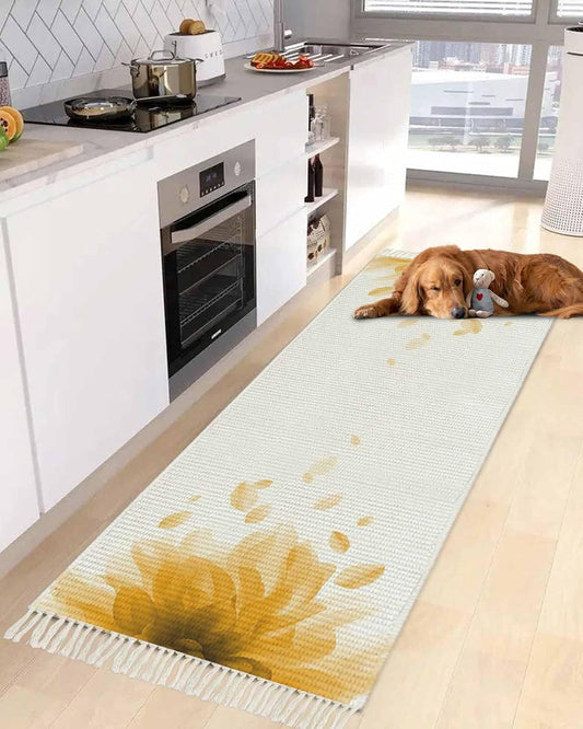 Abstract Area Rug with Tassels 2' x 4' Yellow Translucent Flower Art Indoor Accent Rug Lightweight Floor Carpet Washable Mat for Living Room/Dining Room/Bedroom/Office/Patio/Hallway Decor