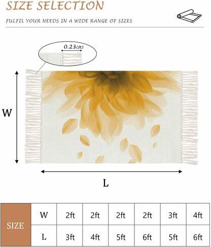 Abstract Area Rug with Tassels 2' x 4' Yellow Translucent Flower Art Indoor Accent Rug Lightweight Floor Carpet Washable Mat for Living Room/Dining Room/Bedroom/Office/Patio/Hallway Decor