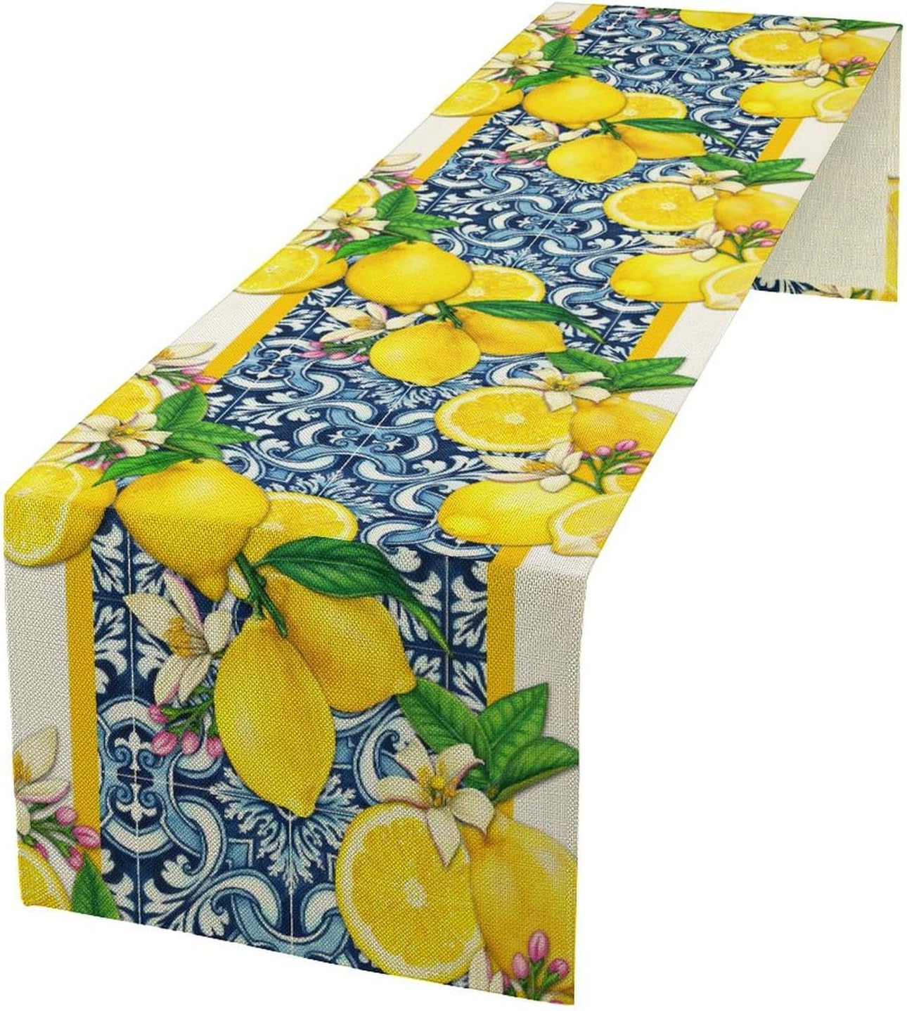 Lemon Table Runner Summer Blue Tiles Lemons Kitchen Dining Table Decoration Italian Lemons Table Cover for Home Party Decor 13x36 Inch