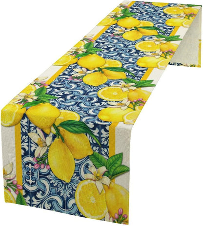 Lemon Table Runner Summer Blue Tiles Lemons Kitchen Dining Table Decoration Italian Lemons Table Cover for Home Party Decor 13x36 Inch