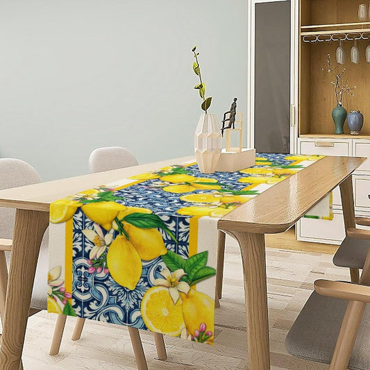 Lemon Table Runner Summer Blue Tiles Lemons Kitchen Dining Table Decoration Italian Lemons Table Cover for Home Party Decor 13x36 Inch
