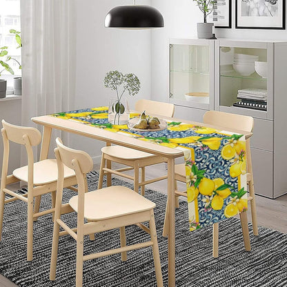 Lemon Table Runner Summer Blue Tiles Lemons Kitchen Dining Table Decoration Italian Lemons Table Cover for Home Party Decor 13x36 Inch