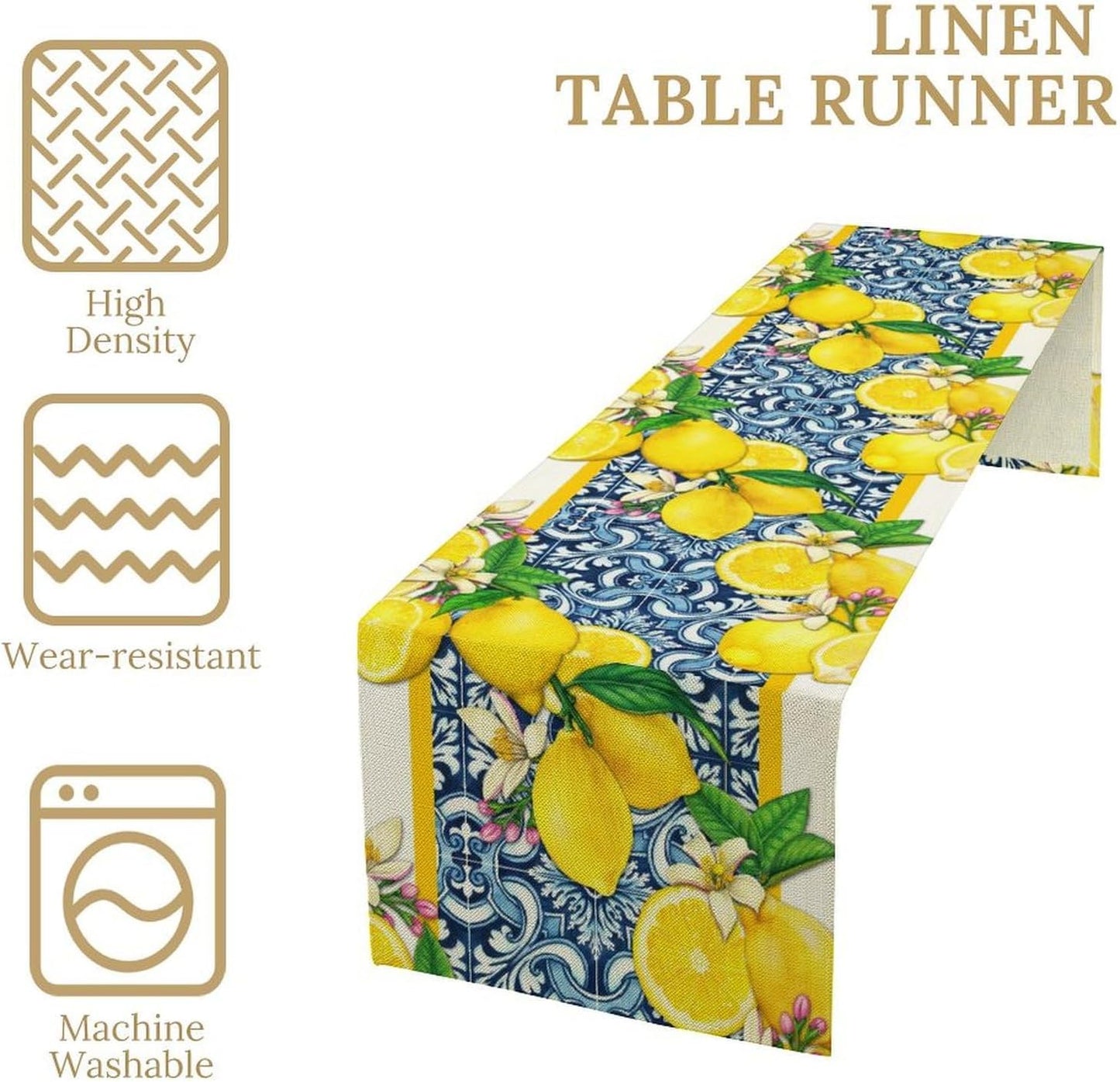 Lemon Table Runner Summer Blue Tiles Lemons Kitchen Dining Table Decoration Italian Lemons Table Cover for Home Party Decor 13x36 Inch