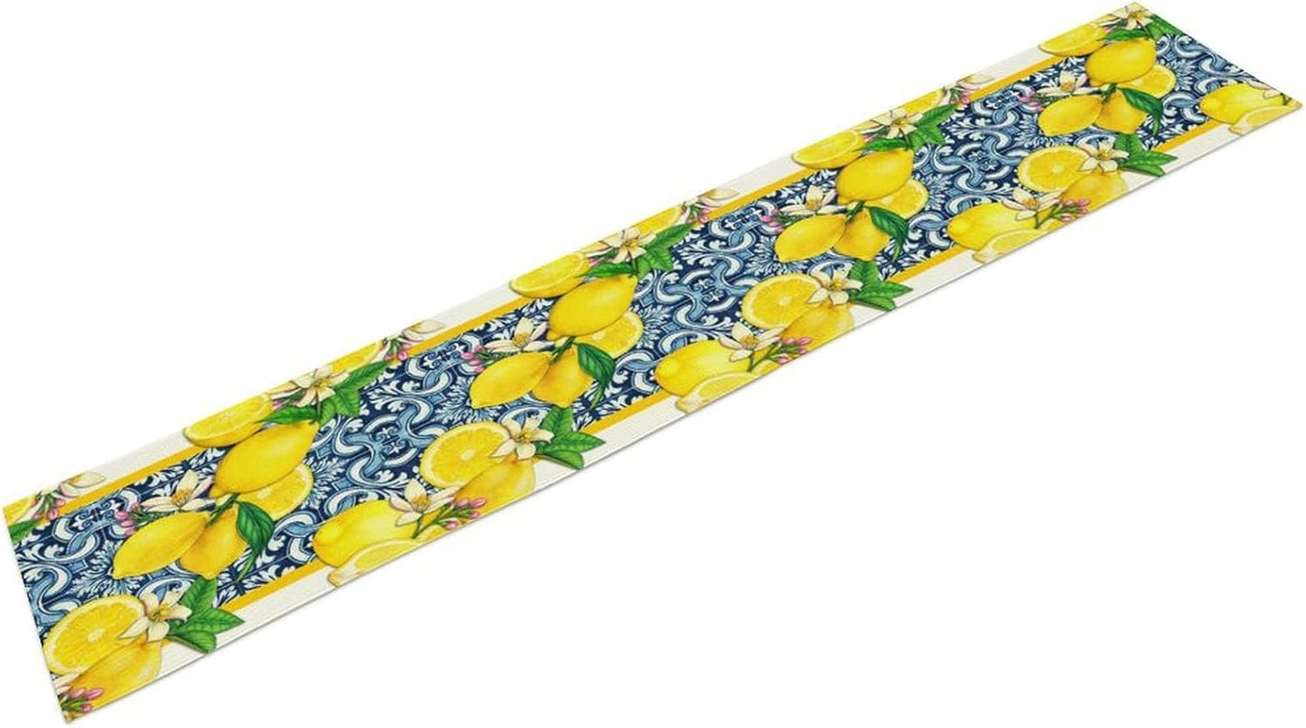 Lemon Table Runner Summer Blue Tiles Lemons Kitchen Dining Table Decoration Italian Lemons Table Cover for Home Party Decor 13x36 Inch