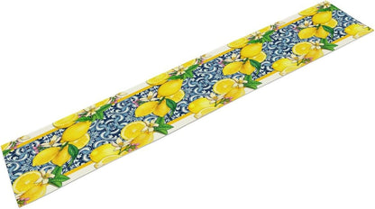 Lemon Table Runner Summer Blue Tiles Lemons Kitchen Dining Table Decoration Italian Lemons Table Cover for Home Party Decor 13x36 Inch
