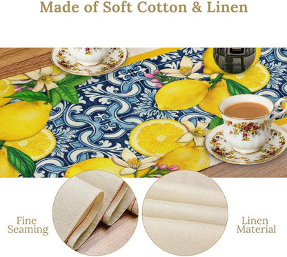 Lemon Table Runner Summer Blue Tiles Lemons Kitchen Dining Table Decoration Italian Lemons Table Cover for Home Party Decor 13x36 Inch