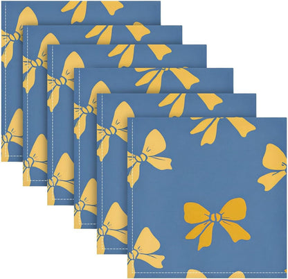 Dinner Napkins Set of 6 Yellow Bows Pattern Reusable Table Cloth Napkins for Indoor Outdoor Family Dinners Cocktail Parties Weddings Hotel Restaurant, 20 × 20 in