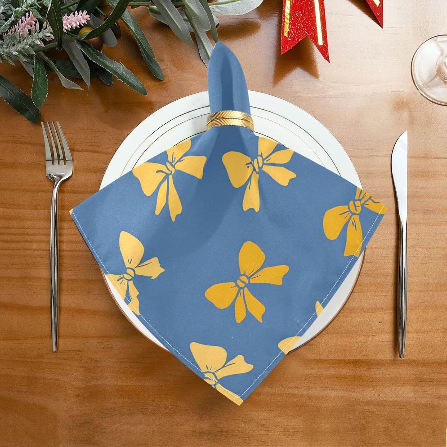 Dinner Napkins Set of 6 Yellow Bows Pattern Reusable Table Cloth Napkins for Indoor Outdoor Family Dinners Cocktail Parties Weddings Hotel Restaurant, 20 × 20 in