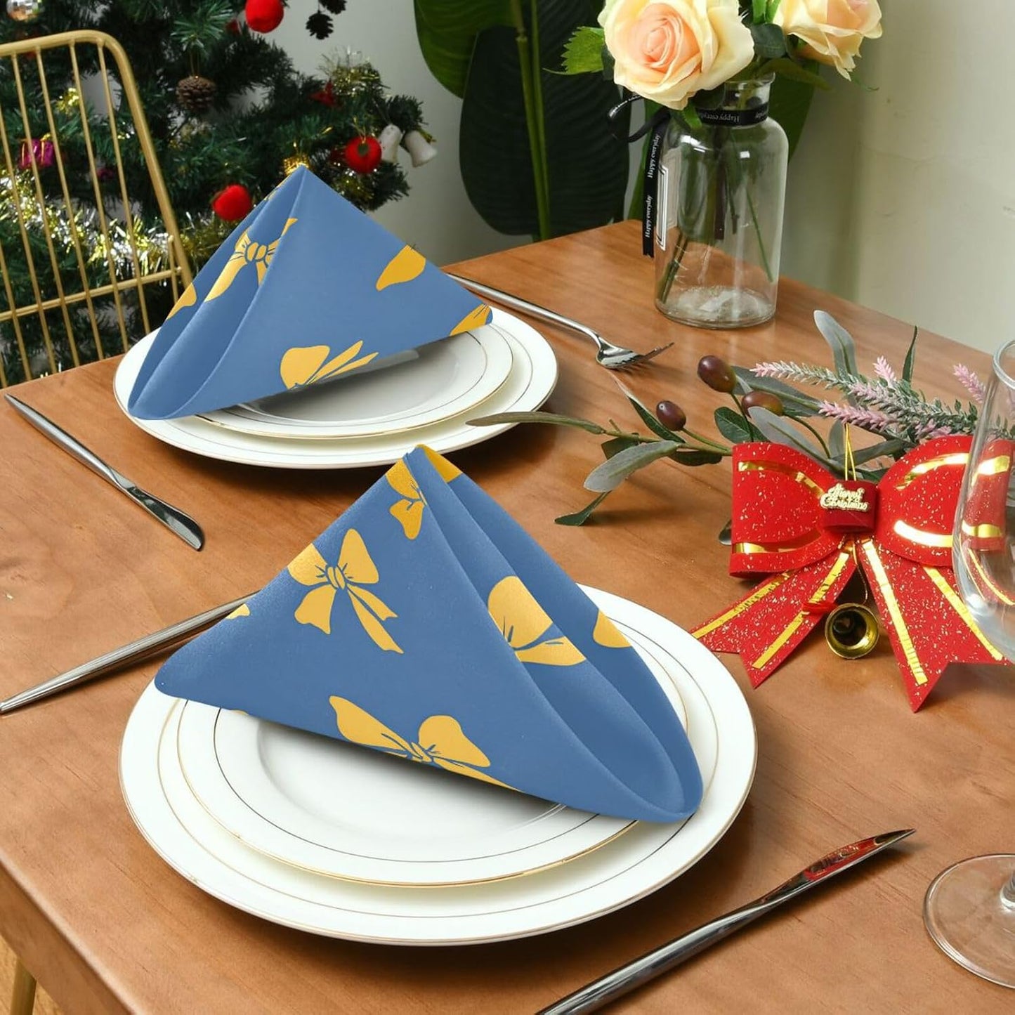 Dinner Napkins Set of 6 Yellow Bows Pattern Reusable Table Cloth Napkins for Indoor Outdoor Family Dinners Cocktail Parties Weddings Hotel Restaurant, 20 × 20 in