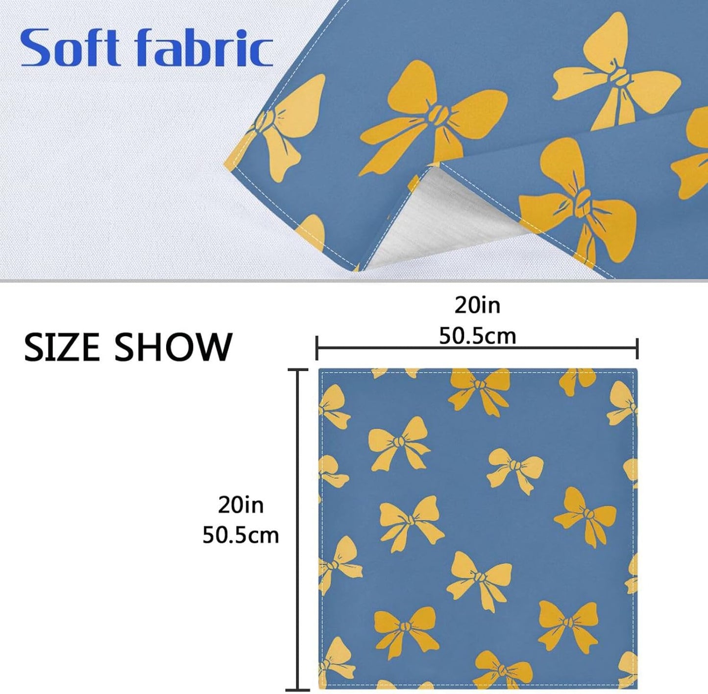 Dinner Napkins Set of 6 Yellow Bows Pattern Reusable Table Cloth Napkins for Indoor Outdoor Family Dinners Cocktail Parties Weddings Hotel Restaurant, 20 × 20 in