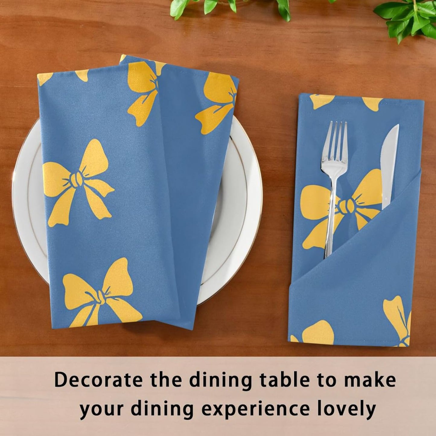 Dinner Napkins Set of 6 Yellow Bows Pattern Reusable Table Cloth Napkins for Indoor Outdoor Family Dinners Cocktail Parties Weddings Hotel Restaurant, 20 × 20 in