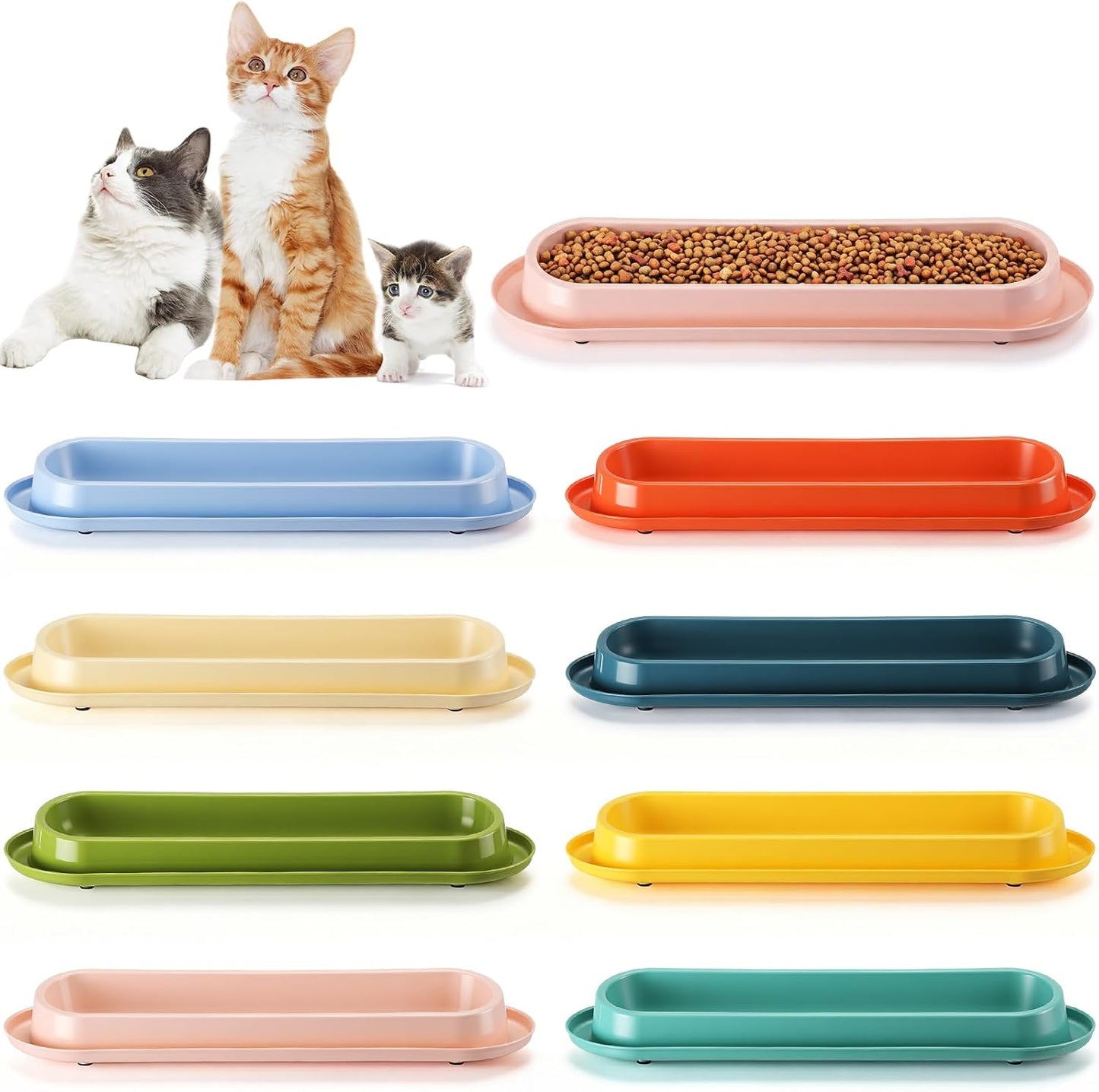 8 Pack Large Capacity Long Cat Food Bowls, 16 x 5 Inch Colorful Non-Slip Easy Clean Dishes for Multi-cat Home, Indoor Outdoor Cats Food and Water Feeding Bowls
