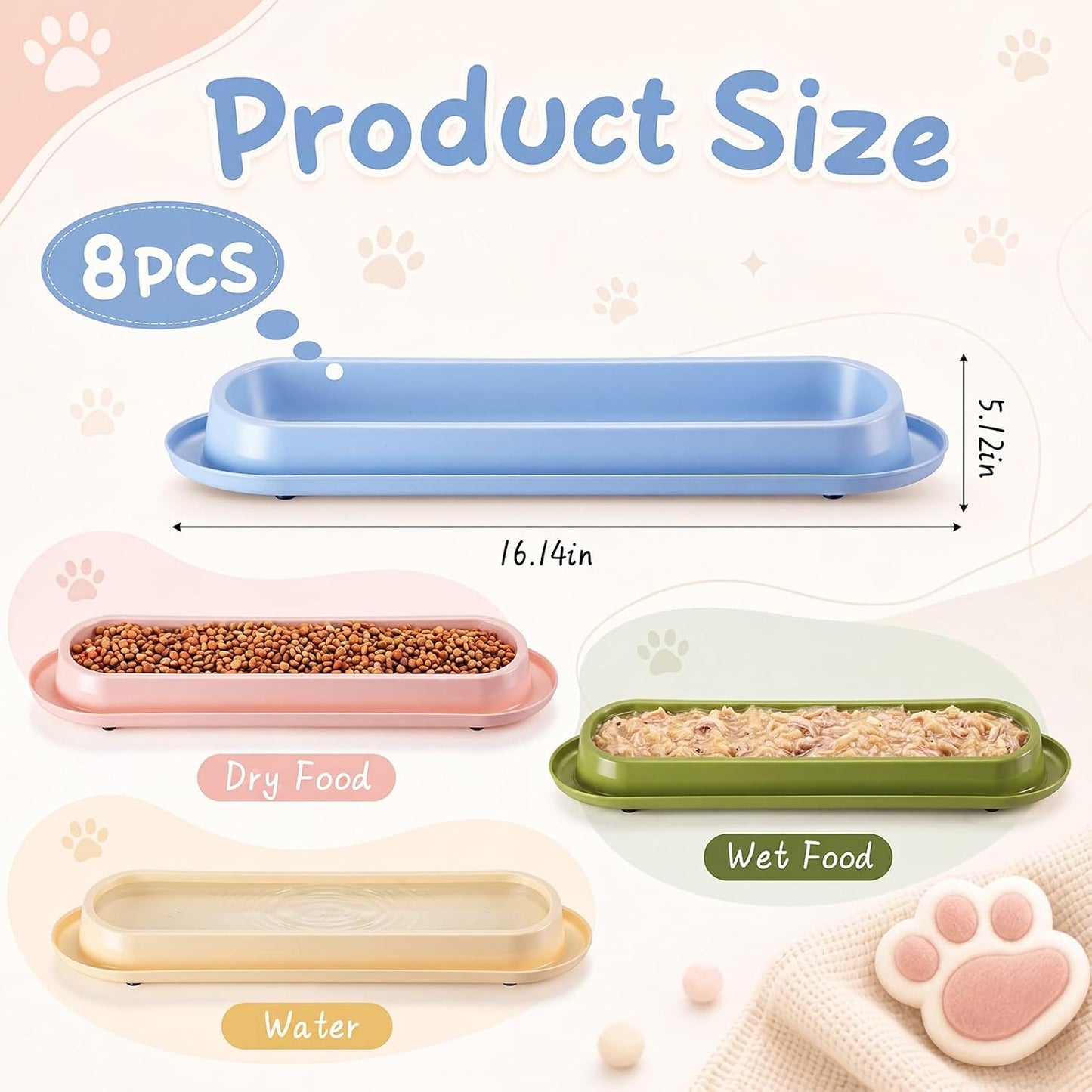 8 Pack Large Capacity Long Cat Food Bowls, 16 x 5 Inch Colorful Non-Slip Easy Clean Dishes for Multi-cat Home, Indoor Outdoor Cats Food and Water Feeding Bowls