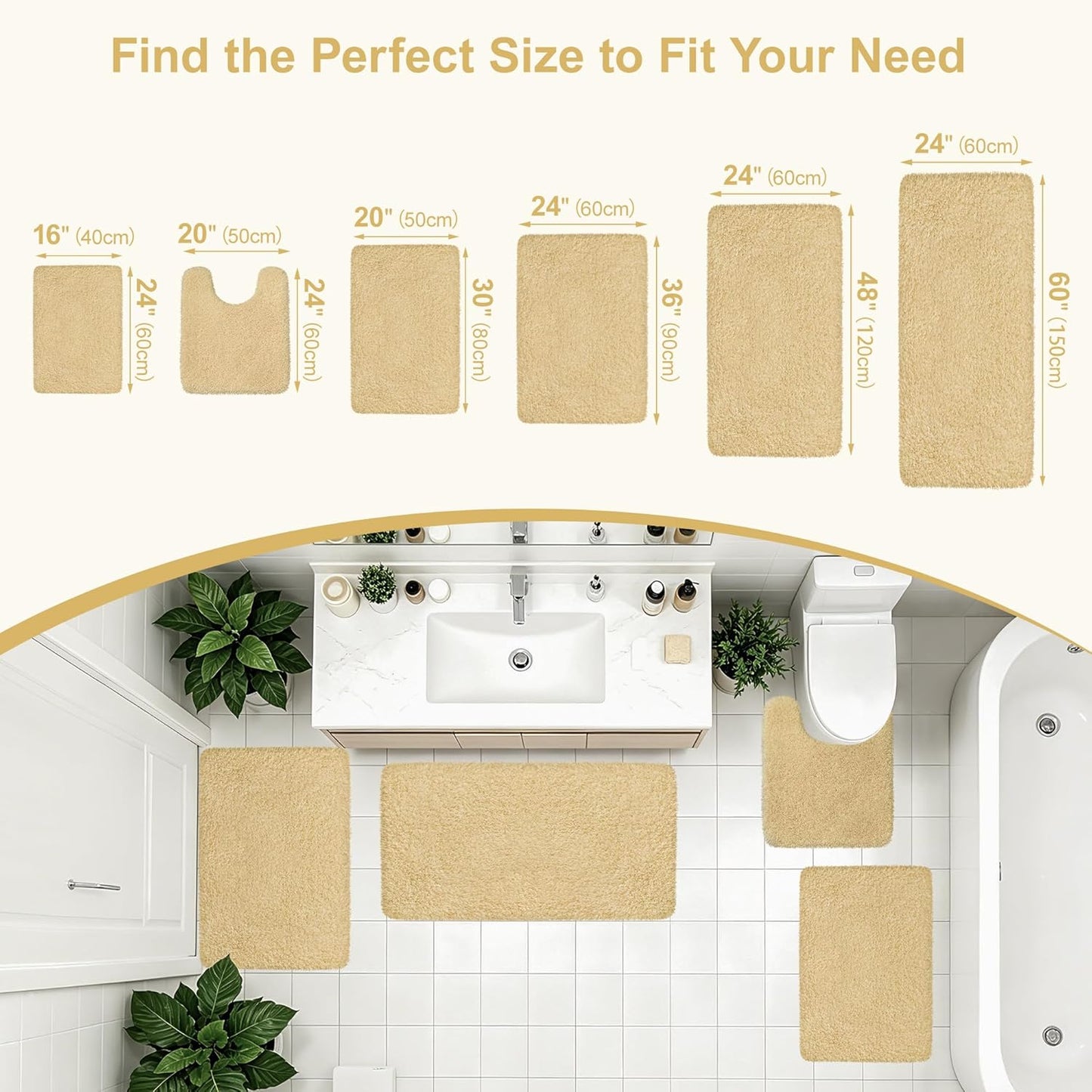 Toilet Rugs U-Shaped 24"x20", Ultra Soft Absorbent Contour Bath Rug with Non-Slip Backing, Machine Washable Shaggy Rug for Toilet, Light Yellow