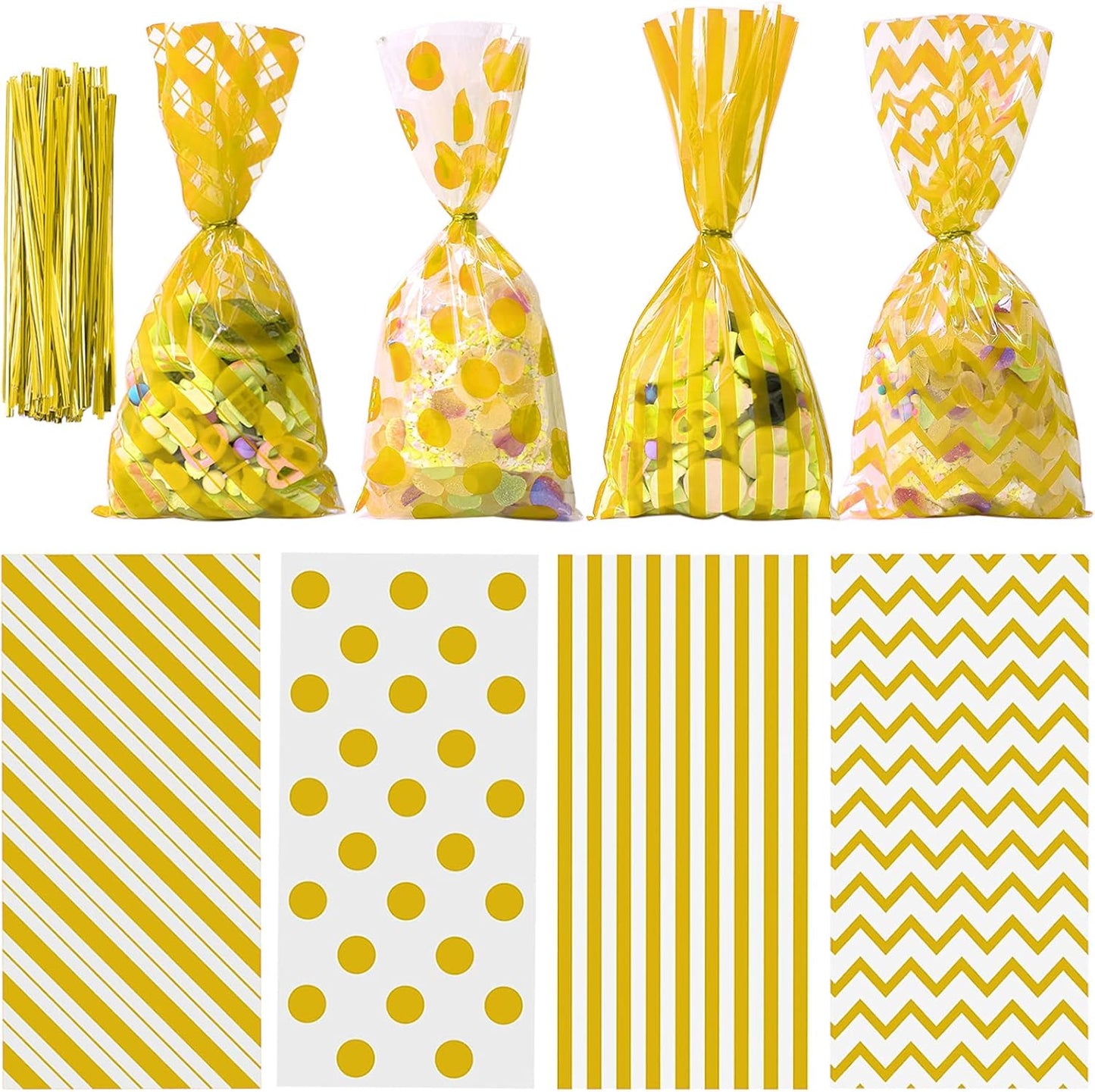 Gold Cellophane Bags 100 Pack 10.6 x 5.1 Inch | Goodie Bags, Goody bags, Plastic Candy Bags, Gift Bags, Twist Ties, Valentine Birthday Gift, Cookie Snack Packing