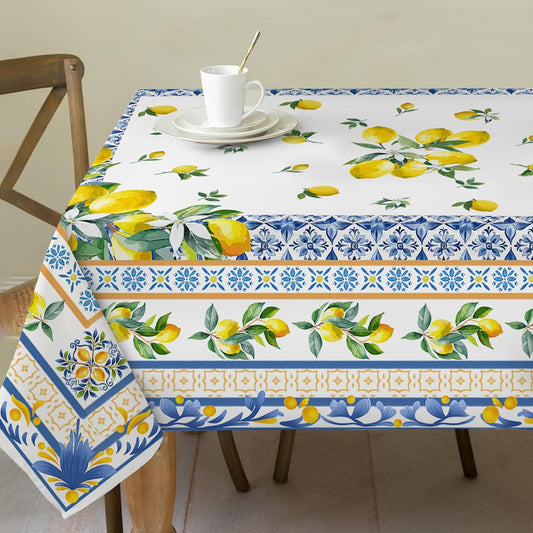 Lemon Tablecloth 52x70 Inches, Yellow Tablecloth Bridal Decorations for Home, Water Resistant Summer Mediterranean Tile Style Table Cloth Rectangle for Party,Table, Outdoor Decor