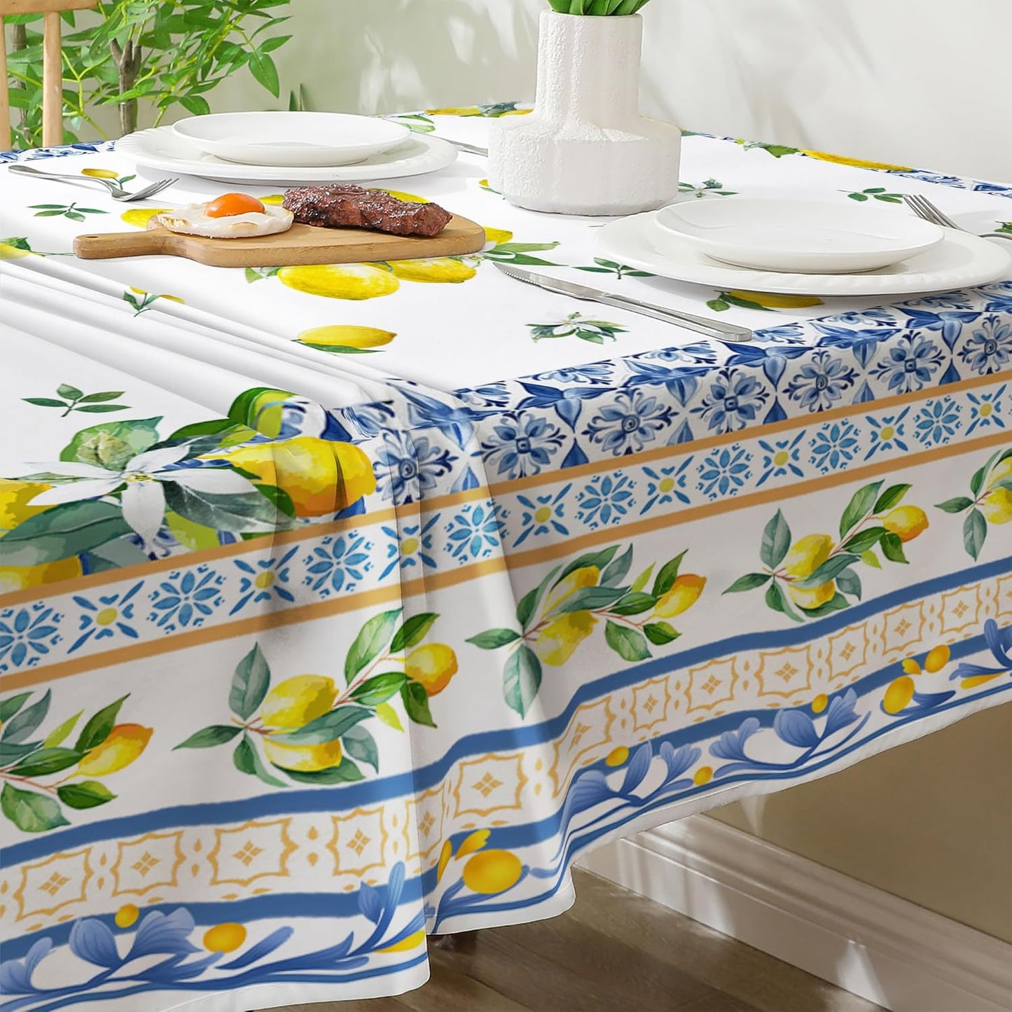 Lemon Tablecloth 52x70 Inches, Yellow Tablecloth Bridal Decorations for Home, Water Resistant Summer Mediterranean Tile Style Table Cloth Rectangle for Party,Table, Outdoor Decor