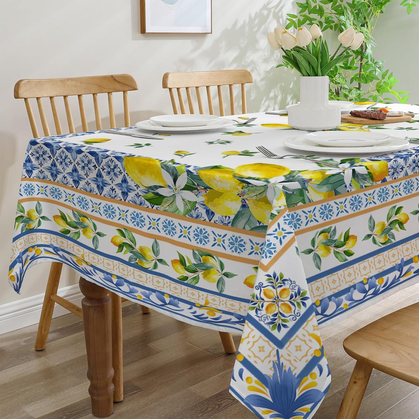 Lemon Tablecloth 52x70 Inches, Yellow Tablecloth Bridal Decorations for Home, Water Resistant Summer Mediterranean Tile Style Table Cloth Rectangle for Party,Table, Outdoor Decor