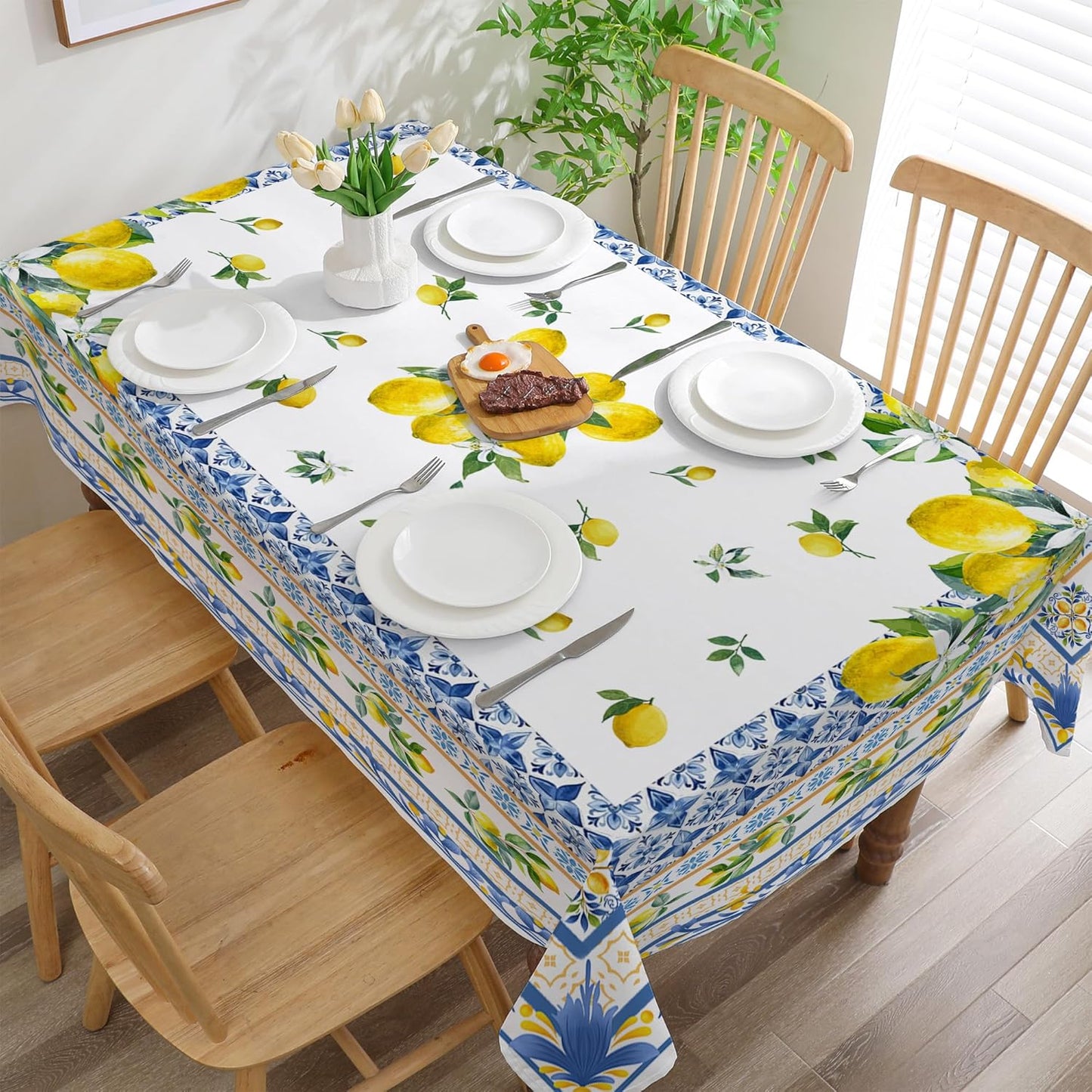 Lemon Tablecloth 52x70 Inches, Yellow Tablecloth Bridal Decorations for Home, Water Resistant Summer Mediterranean Tile Style Table Cloth Rectangle for Party,Table, Outdoor Decor