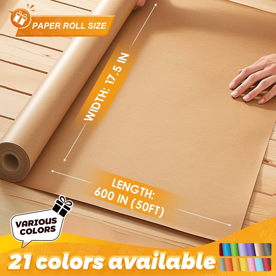 Brown Kraft Paper Roll 17.5" x 600" (50') for Gift Wrapping Bulletin Board Craft Art Bouquet Flower Packing Moving Shipping Floor Covering Table 70GSM 50LB (Brown, 17.5" x 50')